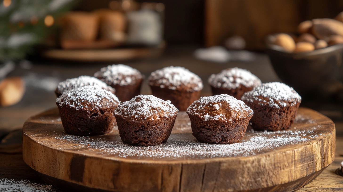 Close-up of two bite brownies on a wooden platter with powdered sugar.