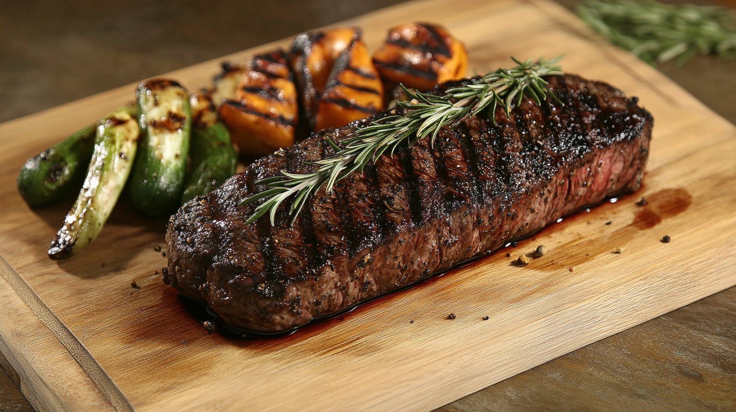 Smoked sirloin steak with rosemary and grilled vegetables.
