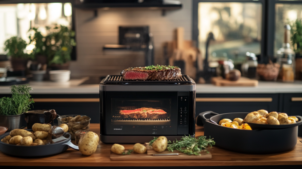 Tools and methods for cooking steak and baked potatoes.