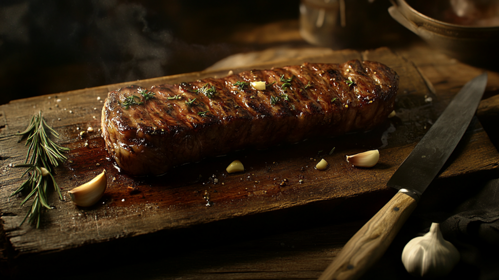 A juicy sirloin strip steak on a cutting board with garnishes.