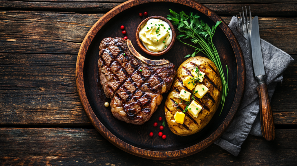 A steak and baked potato meal on a rustic wooden table.