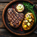 A steak and baked potato meal on a rustic wooden table.