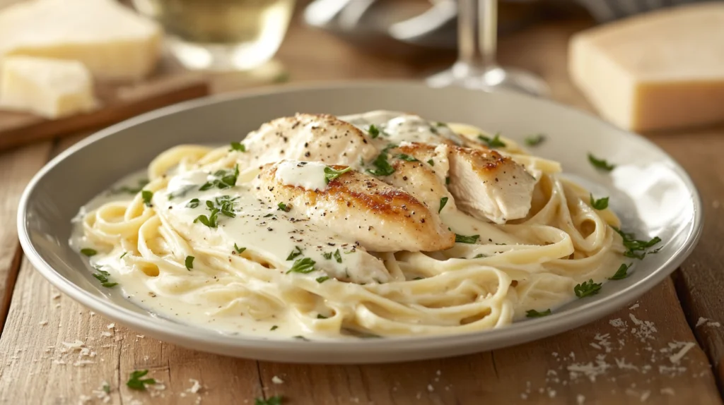 A plate of creamy fettuccine Alfredo with chicken, garnished with parsley.