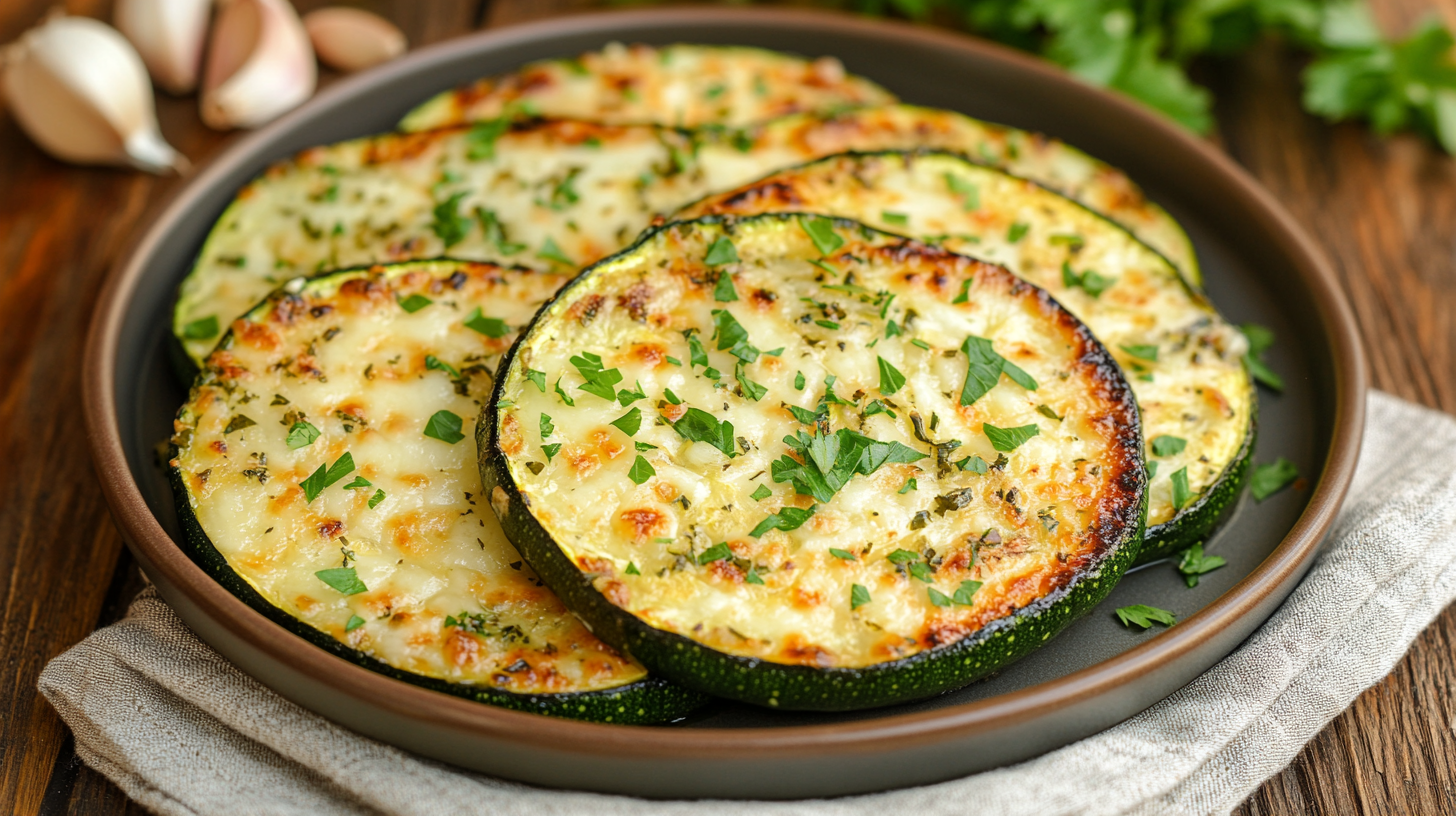 Cheesy garlic zucchini steak with parsley garnish.