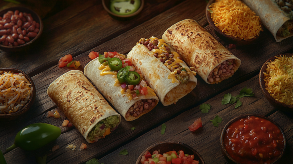 A selection of frozen burritos with vibrant toppings on a wooden table.