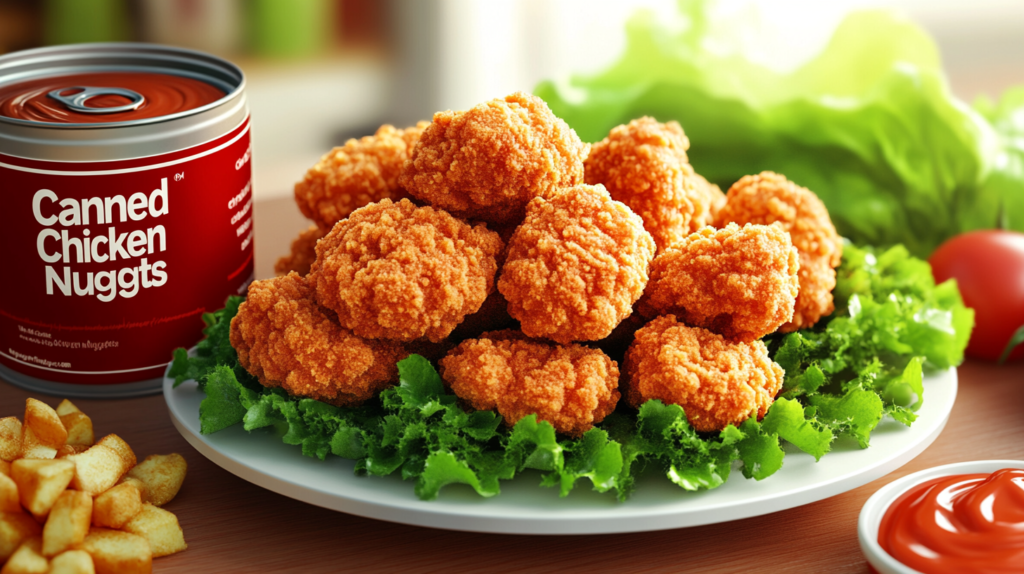 A plate of canned chicken nuggets with dipping sauces and a decorative can.