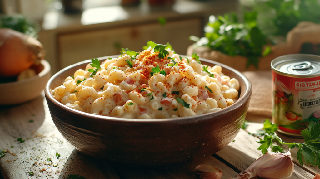 A bowl of creamy old-fashioned macaroni salad with tuna on a rustic table.