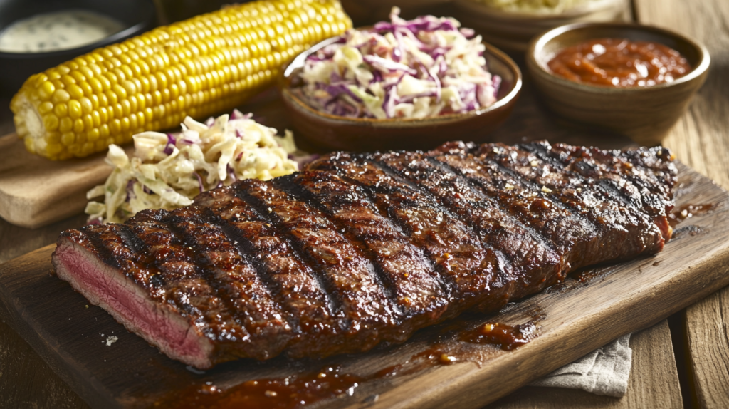 BBQ-style steak platter with sides.