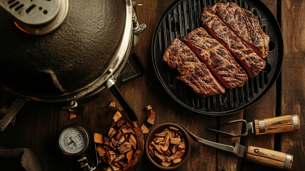 Tools and equipment for smoking sirloin steak.