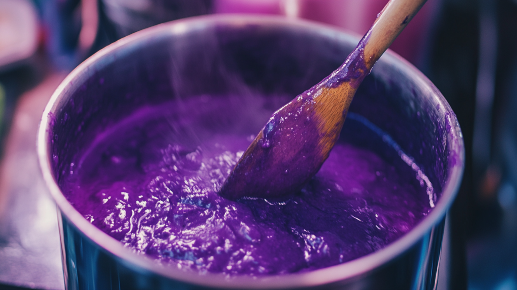 Fresh blueberry sauce bubbling in a saucepan.