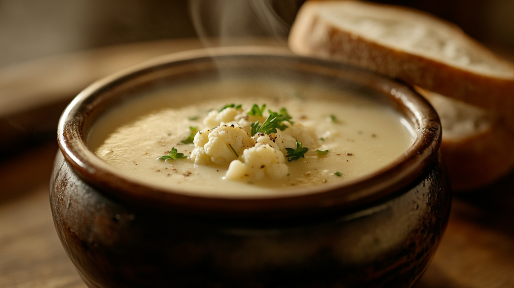 Steaming chicken and cauliflower soup with fresh parsley and bread.