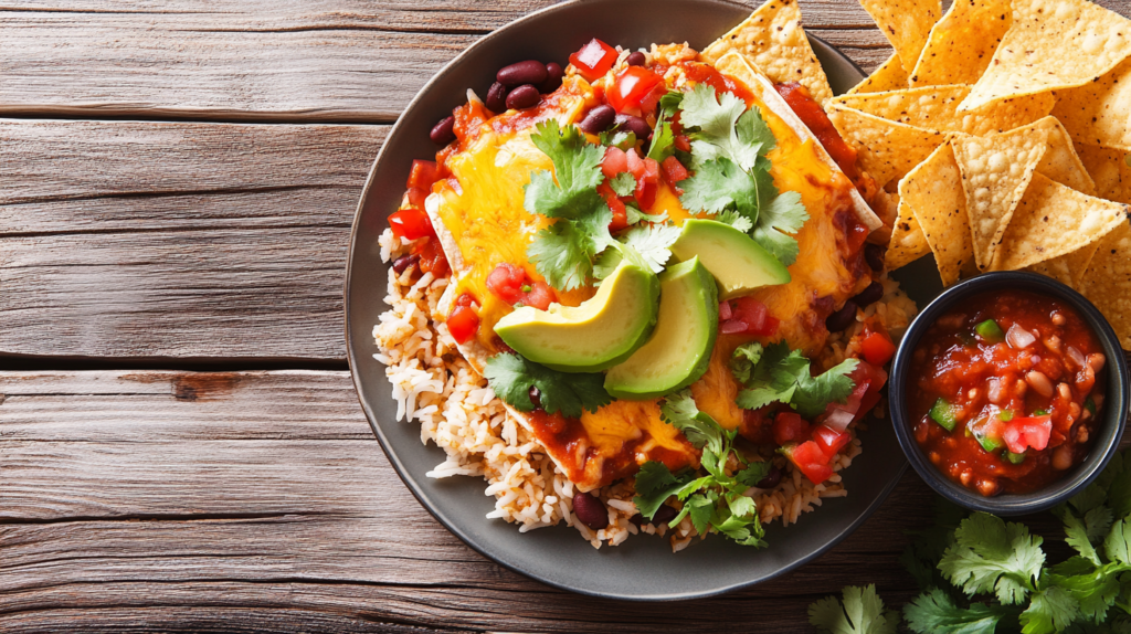 A colorful plate of enchiladas with traditional Mexican sides.