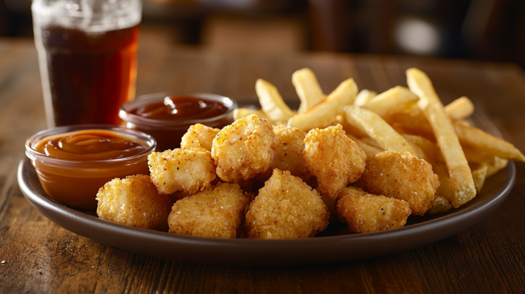 Plate of chicken nuggets and fries with dipping sauces on a wooden table.