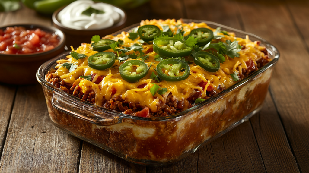 A freshly baked frozen burrito casserole topped with cheese and garnishes.