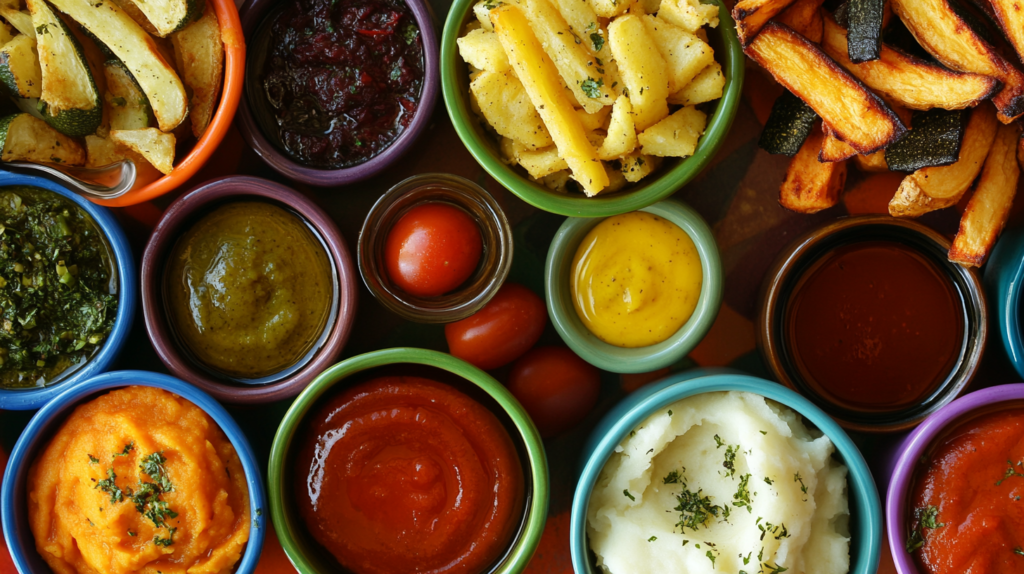 Colorful sides and sauces for steak platters.
