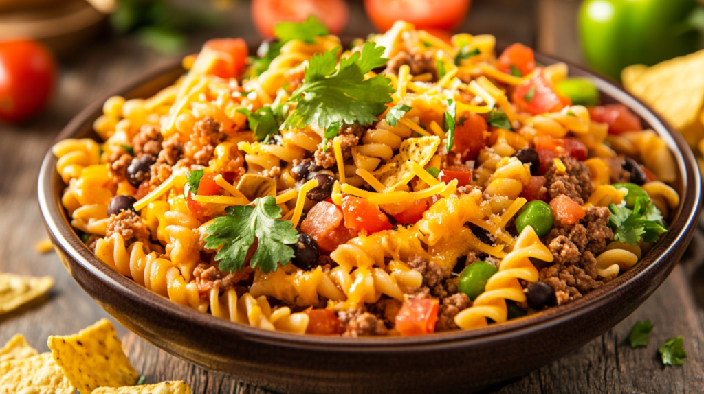 A bowl of taco pasta salad with crushed Doritos on a wooden table.