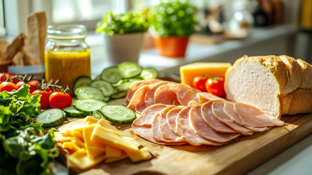 Sliced turkey lunch meat on a cutting board with fresh vegetables, cheese, and bread.