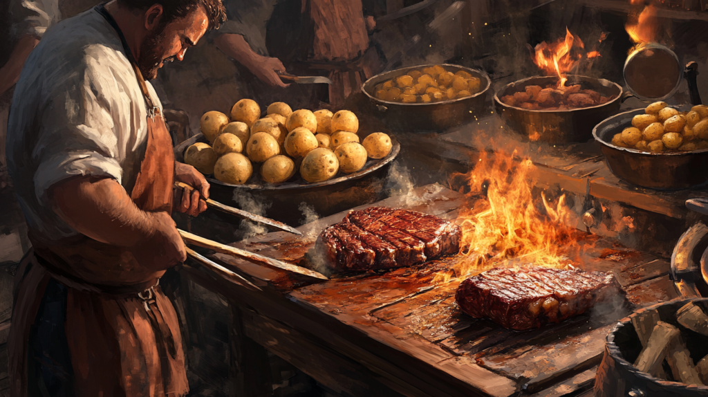 A historical depiction of steak and baked potato preparation.