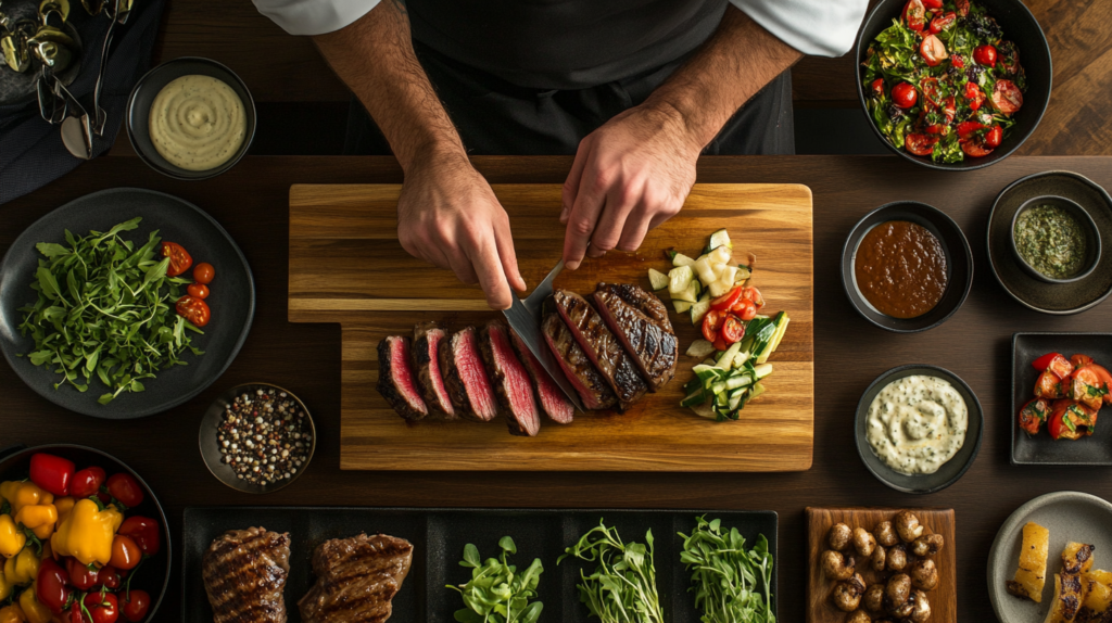 Chef slicing steak for a platter.