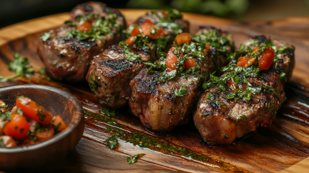 Grilled Entrana steak with chimichurri on a wooden plate.