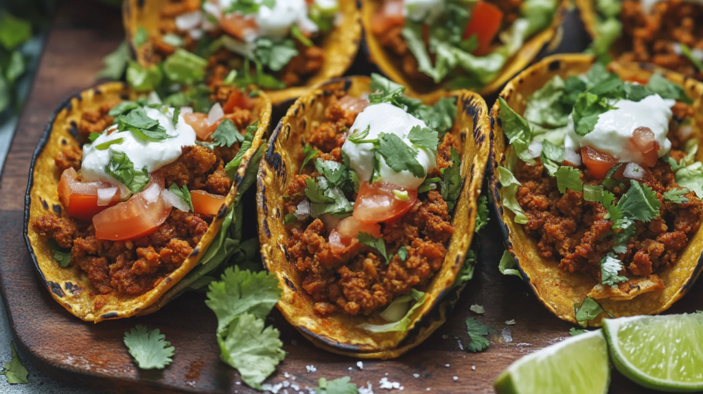 A plate of Chicken Keema Indian Ground Beef Tacos with toppings