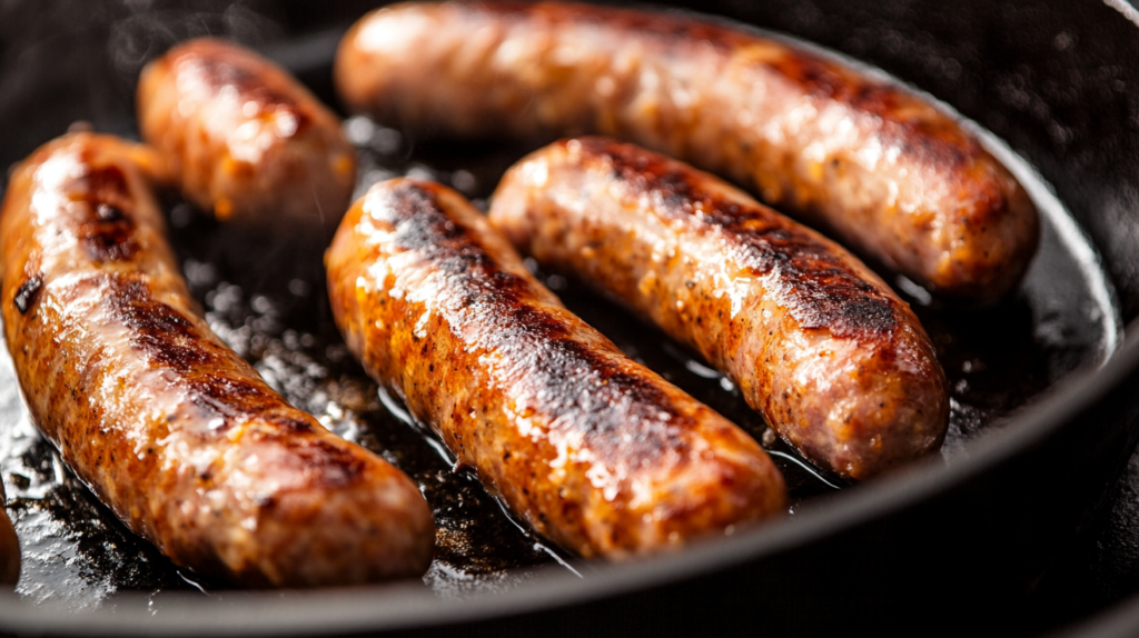 Sausage patties cooking in a skillet.
