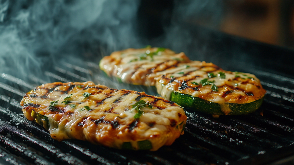 Zucchini steaks grilling with melted cheese.