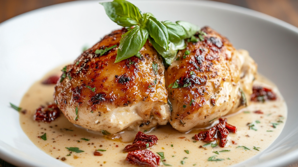 A plate of Marry Me Chicken with creamy sauce and sun-dried tomatoes.