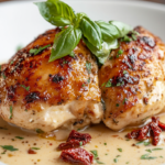 A plate of Marry Me Chicken with creamy sauce and sun-dried tomatoes.