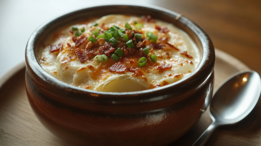 A bowl of creamy baked potato soup with bacon and cheese