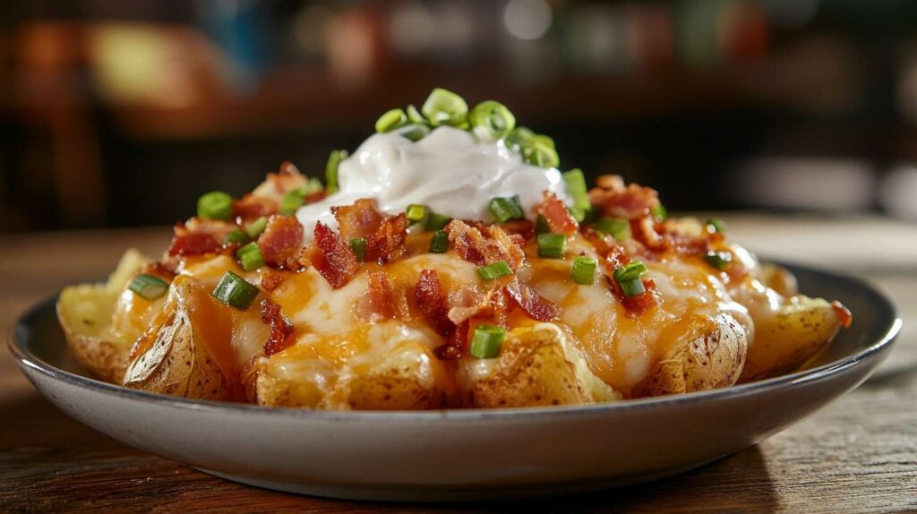 Crispy potato skins with cheese, bacon, and sour cream.