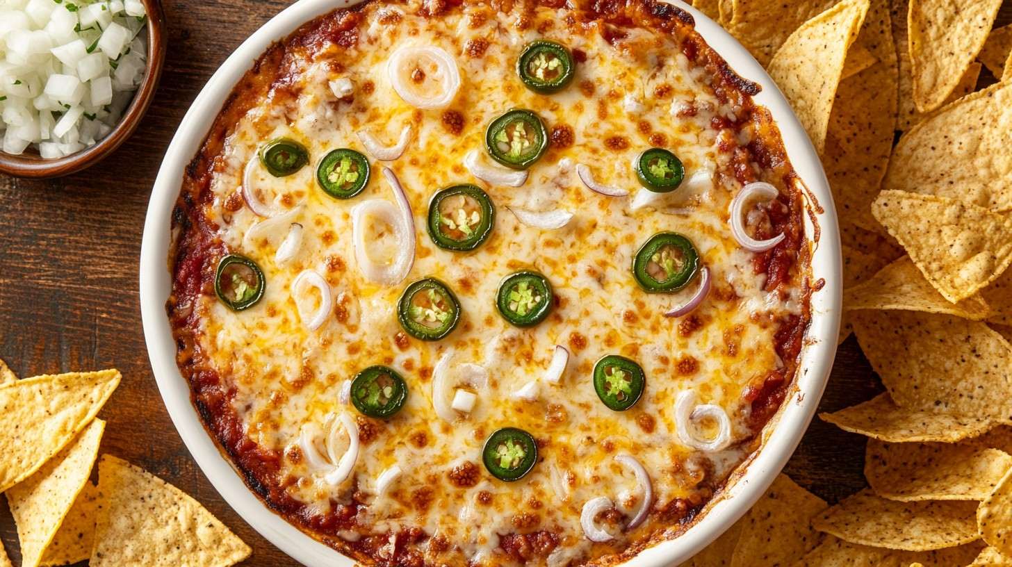 A delicious Skyline Dip in a baking dish with melted cheese and tortilla chips.