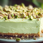 Close-up of a tropical pistachio bliss cake on a dark plate, featuring a creamy pale green pistachio filling on a golden crumbly crust