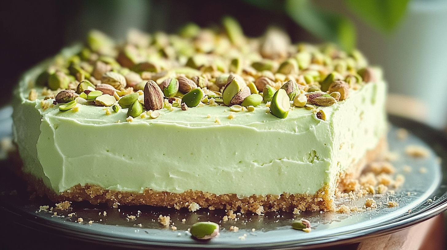 Close-up of a tropical pistachio bliss cake on a dark plate, featuring a creamy pale green pistachio filling on a golden crumbly crust